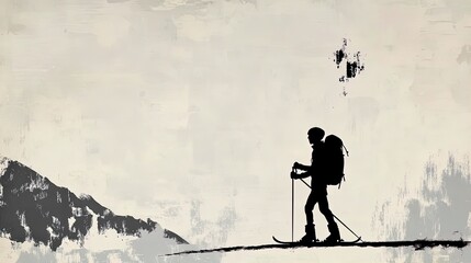 Fototapeta premium Vintage Alpine Adventure: Sepia-Toned Skiing Poster of a Skier with Backpack on Snowy Slope, Perfect for Sports Interiors and Ski Enthusiast Decor