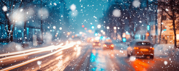 Obraz premium Snow-covered city street with cars driving at night banner