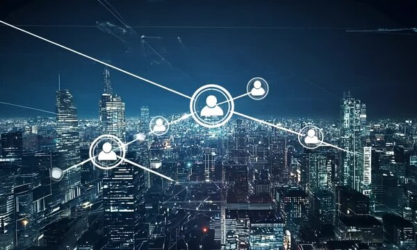 Futuristic Urban Network: Digital Connectivity in a Cityscape at Night