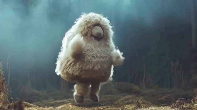 Fluffy creature dances joyfully in a mystical forest during twilight hours