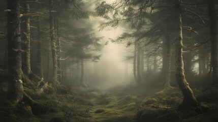 Obraz premium Misty Forest Path Enveloped In Foggy Woods