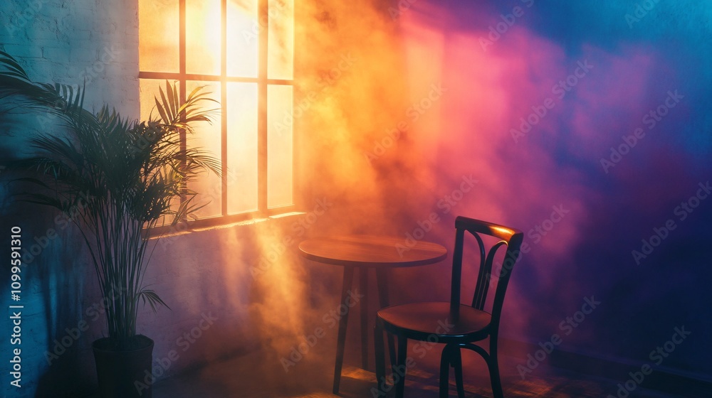 Poster empty chair and table by window in smoky room illuminated by colorful lights