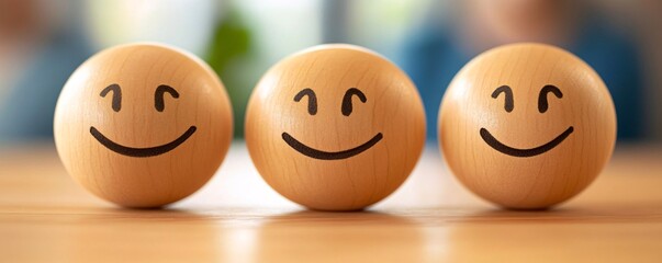 Fototapeta premium Three wooden balls showing happy emojis expressing excellent customer satisfaction