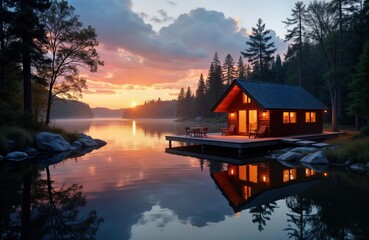 Obraz premium Peaceful lakeside cabin glows warmly at sunrise. Tranquil water mirrors sky. Wooden house sits on dock. Beautiful landscape with trees, rocks. Perfect for relaxation, travel inspiration. Ideal for