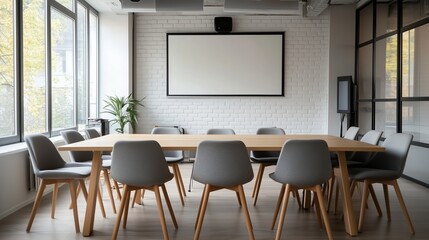 Fototapeta premium A long wooden conference table sits in a bright, minimalist room with gray fabric chairs