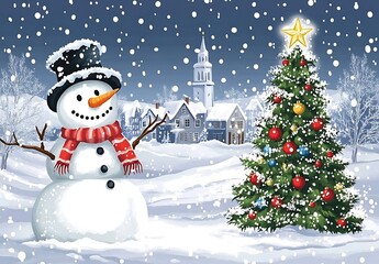 Obraz premium Snowperson and Christmas Tree – Classic Holiday Scene
