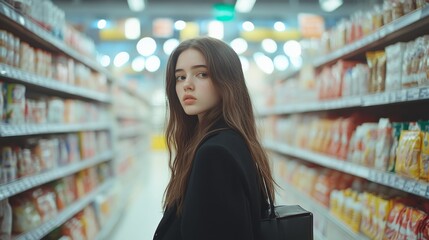 Profile of a young woman standing in a brightly lit supermarket aisle, surrounded by shelves of colorful packaged goods.