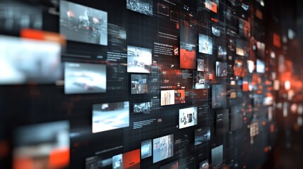A dynamic display of digital images with a futuristic network interface, featuring vibrant red and black tones.
