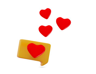 3D heart symbol social media notification icon isolated on yellow bubble speech Online social communication Happy Valentine's Day concept Minimal three-dimensional 3d rendering vector illustration