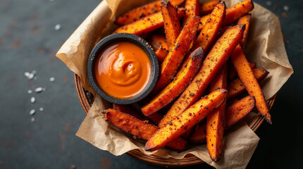 Papas fritas de camote con salsa picante.