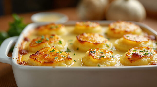 Grat&eacute;n de papas con queso dorado.