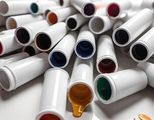 Fototapeta premium A closeup of acrylic paint tubes scattered on a white surface Generative AI