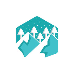 Winter Mountains and tree in hexagon design template vector illustration for Christmas design