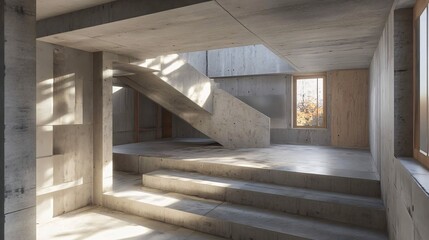 Fototapeta premium Sunlight illuminating concrete stairs in modern minimalist house
