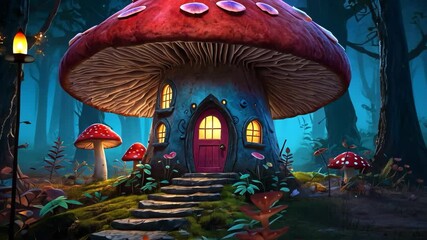 Video footage of whimsical mushroom house with glowing windows and a red door sits in an enchanted forest, surrounded by smaller mushrooms and lush greenery, illuminated by a lantern - Powered by Adobe