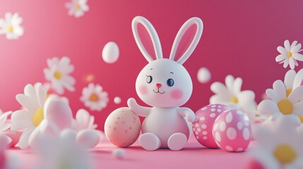Obraz premium Easter bunny sitting with decorated eggs and daisies on pink background