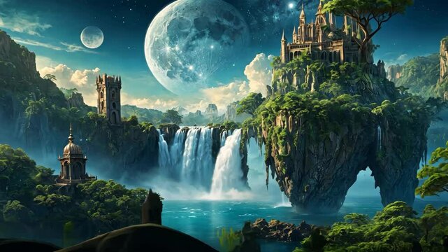 Video footage of majestic fantasy landscape with floating islands, cascading waterfalls, lush greenery, and a grand castle under a large moonlit sky