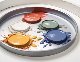 A closeup of a clean mixing tray with dried paint remnants on a white background Generative AI