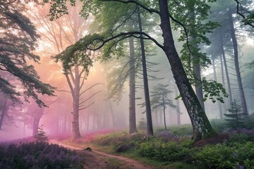 Fototapeta premium Pastel hues of colorful mist dance across the forest floor on a serene morning surrounded by towering trees with leaves still wet from dew, forest, colorful mist, dew, morning