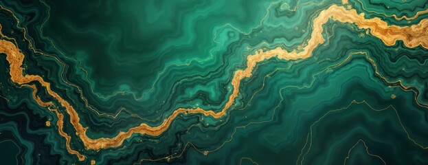 Emerald green, gold marble background. Abstract design with fluid wave patterns. Luxury, elegant. Suitable for wallpaper, decorative items. Artistic, modern style. Ideal for interior design