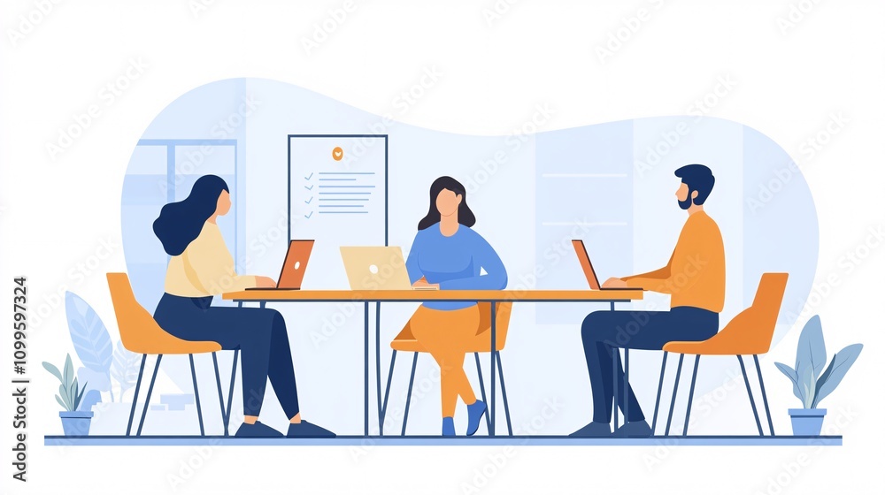 Poster Office workers team using laptops at desk completing checklist in modern office: