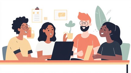 Smiling business team working together on project using laptop in the office