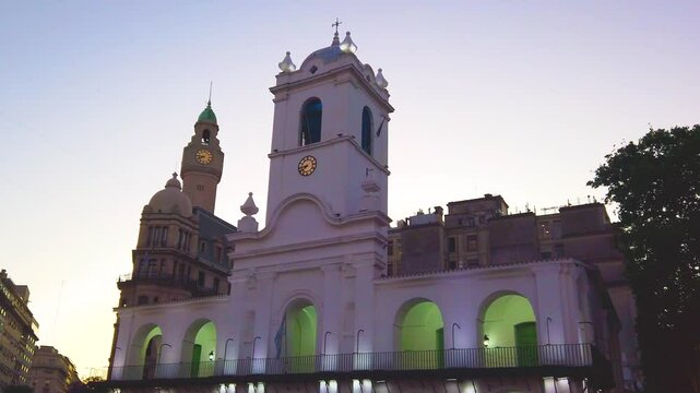 Illuminated Cabildo Building of Argentina cityscape of Buenos Aires architecture
