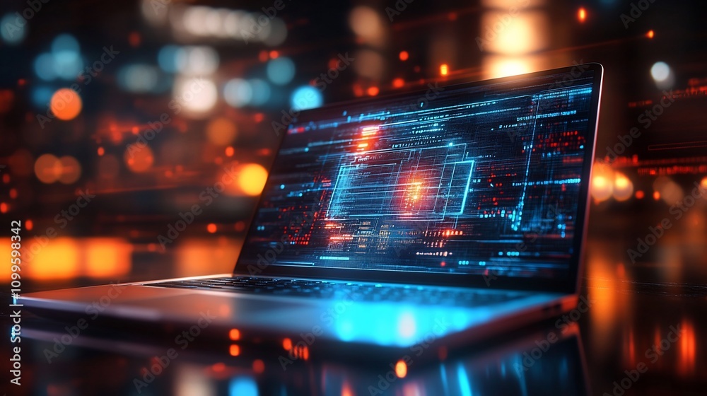 Poster laptop displaying futuristic code at night.