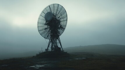 Large satellite dish on a foggy hilltop.