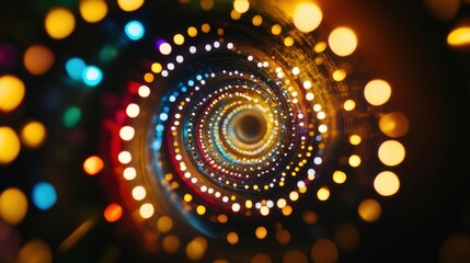 Naklejka premium A detailed shot of a spiral of multicolored lights blending into a single point, Symbolizing the convergence of diverse ideas and perspectives, minimalist style