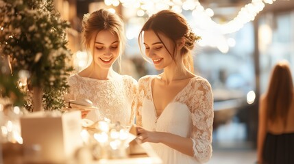 Two brides, dressed in beautiful lace wedding gowns, carefully look over small gifts at a wedding reception