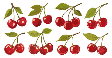 Cherry Berries Cartoon Vector Illustration on White Background with Bright Colors Fun Design Fruit Art Vintage Food Design Juicy Cherries Sweet Berries Cartoon Style Cherry Fruits