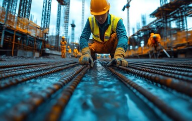 A construction worker wearing a yellow hard hat and safety vest is working on a building site, handling steel rebar. The background shows scaffolding and other construction activities.