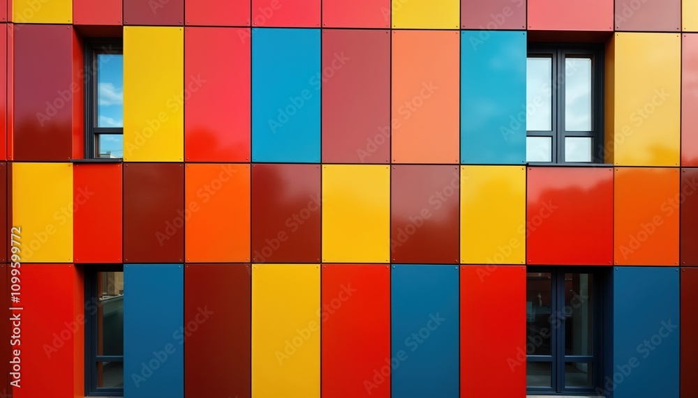 Poster colorful facade of building with vibrant panels. modern architectural design with geometric shapes. 
