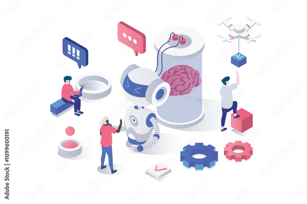 Poster Artificial intelligence 3d isometric concept in geometry graphic design for web. People working with AI and robots technology, creating brain neural network and machine learning. Vector illustration.