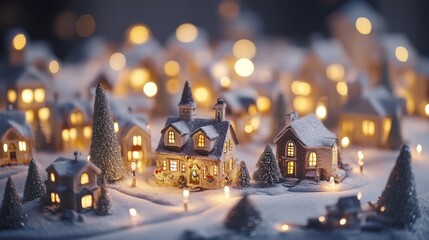 Obraz premium Illuminated Winter Village Christmas Scene Miniature Houses