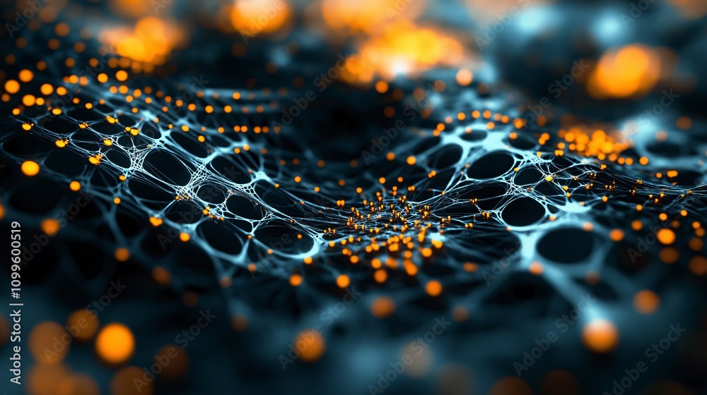 Poster complex network showing interconnected nodes glowing in orange and blue tones