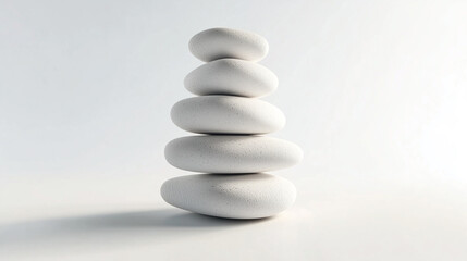 A stack of smooth, polished white pebbles arranged in a balanced, calming formation. The pebbles are placed on a pure white background,