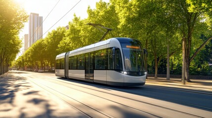 Naklejka premium Modern trams move along tree-lined city streets, representing efficient and sustainable transportation.