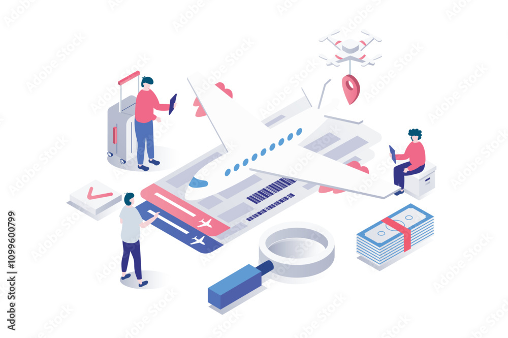Poster booking flight 3d isometric concept in geometry graphic design for web. people with luggage go in va
