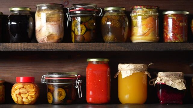 Many canned food in glass jars on wooden shelves in the cellar for winter consumption, close up. Food preservation. Colorful pickled and fermented jars of vegetables, honey, jam and other products