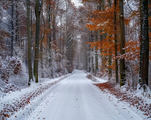 Fototapeta premium A peaceful snow-covered road in a forest, with tall trees and fallen leaves lining the path. The winter landscape is captured in intricate detail, exuding tranquility.