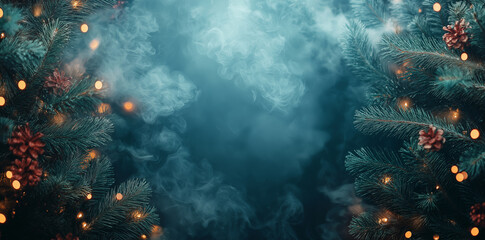 Fototapeta premium Christmas Background With Smoke And Christmas Tree Branches: New Year Decoration On A Dark Background With Copy Space For A Card, Banner, Poster, Or Flyer