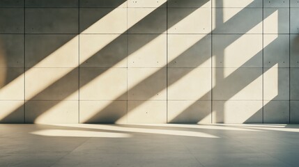 Obraz premium Concrete wall with large rectangular tiles featuring sunlight casting diagonal shadows on a smooth floor, creating a minimalistic abstract pattern in an empty interior space.