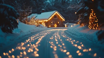 Fototapeta premium Snowy Winter Road Leads To Christmas House Lights