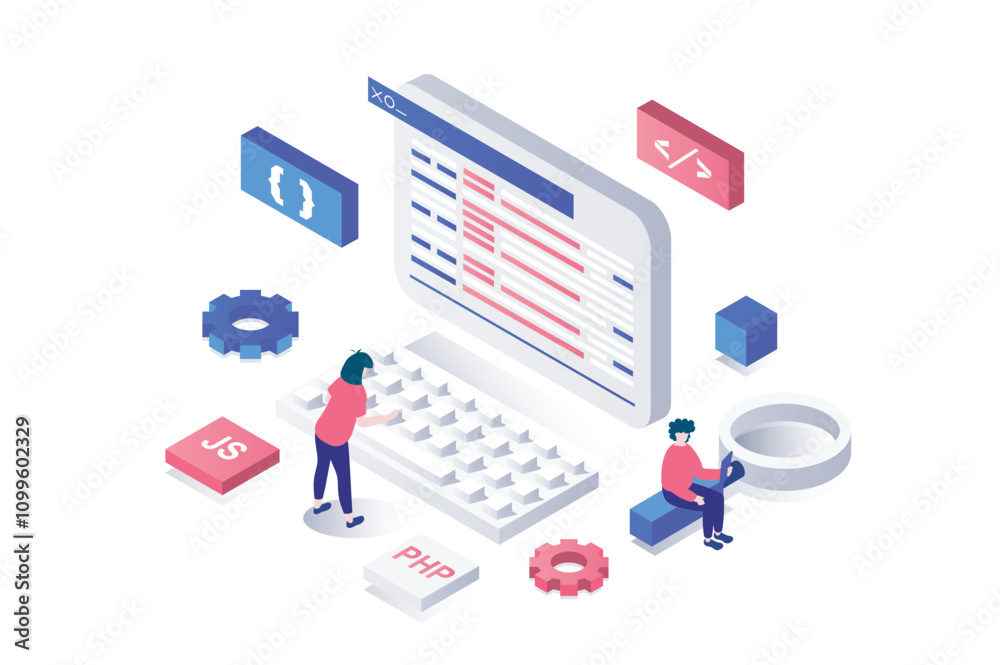 Poster Creating website 3d isometric concept in geometry graphic design for web. People coding and developing homepage interface at screen, engineering layout and working in browser. Vector illustration.