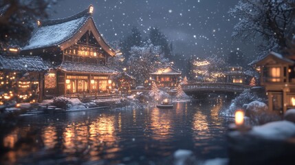 Obraz premium Snowy Winter Village Lights Reflecting On Calm Water