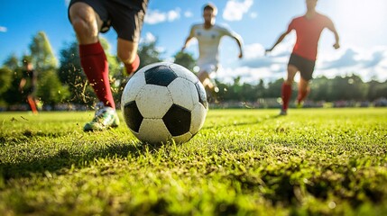 Obraz premium Soccer players running on field kicking ball during sunny day match