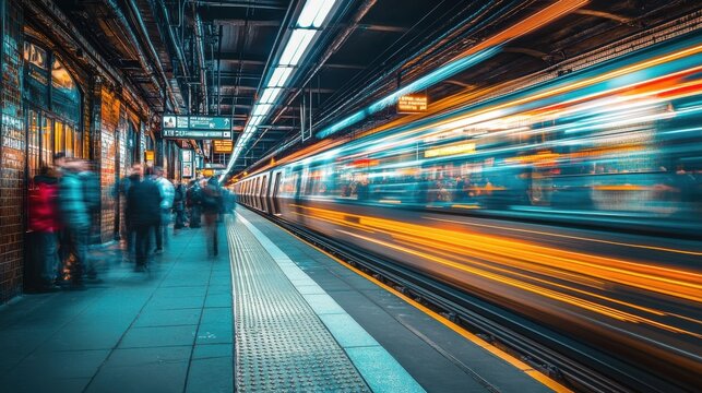 A moving image of a subway train, using a photography technique to create light lines and the chaotic atmosphere of people traveling.