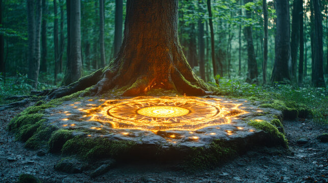 Glowing magical circle at tree base in mystical forest setting during daytime